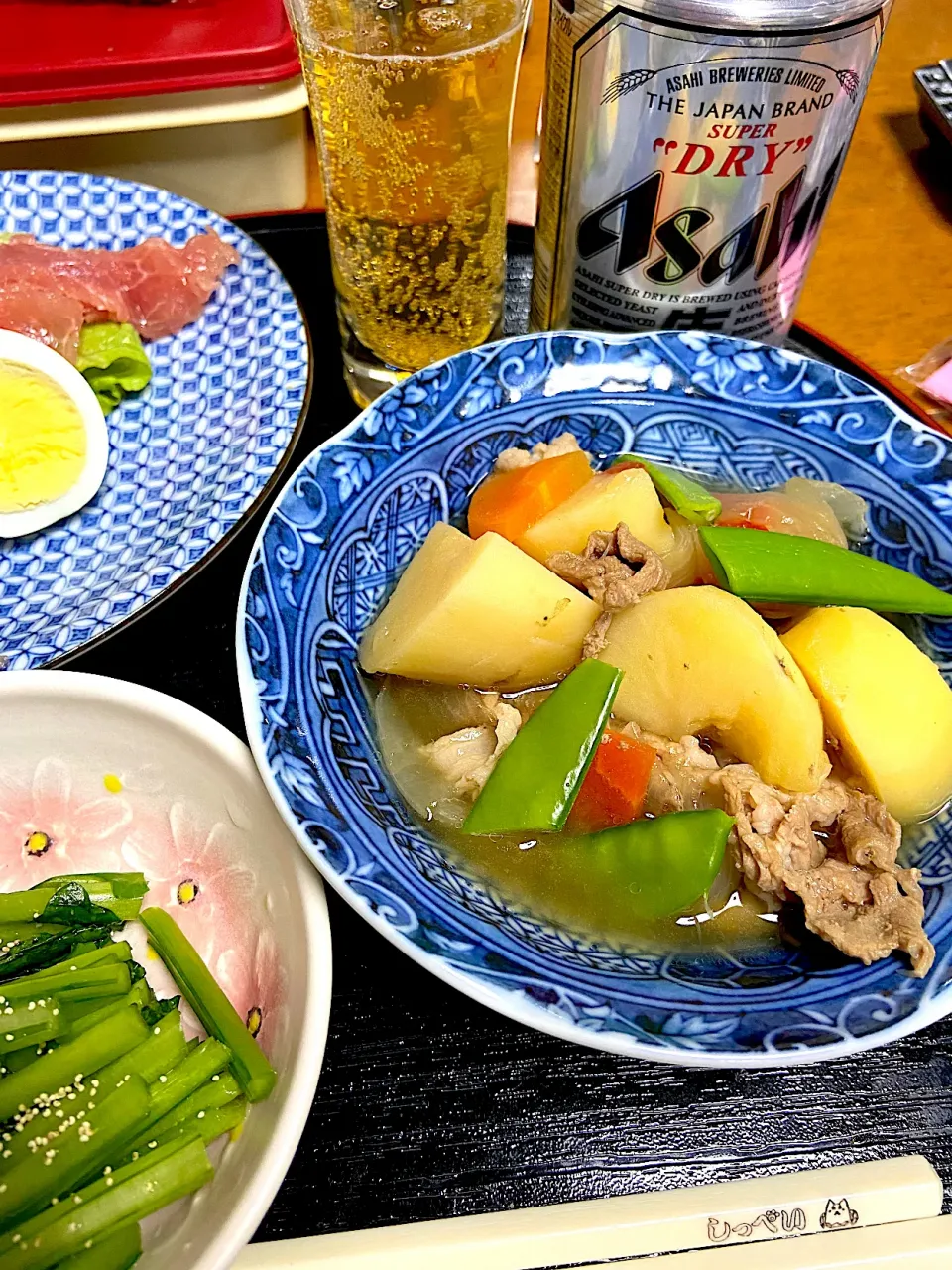 肉じゃが　カブの葉っぱの糠漬け　野菜|まゆさんさん