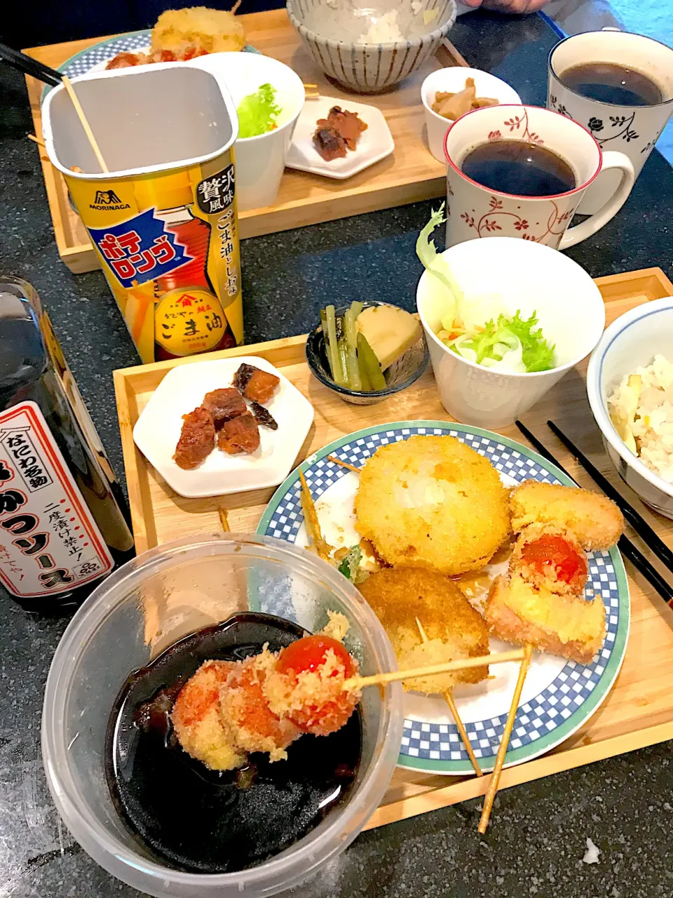 野菜串揚げ定食　なにわ名物二度漬け禁止串揚げソースで。|シュトママさん