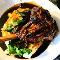 Braised Lamb Shank with Sauteed Rainbow Chard, Garlic/Horseradish Mashed Potatoes, and Blackberry Demi-Glace|hurricaneさん