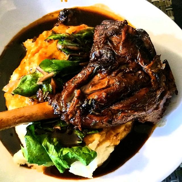 Braised Lamb Shank with Sauteed Rainbow ChardGarlic Horseradish Mashed