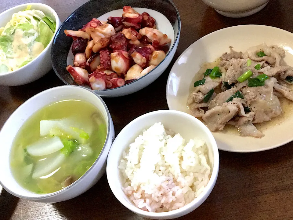 豚肉のネギ塩だれ、白菜のスープ、たこの素揚げ、サラダ|りかさん