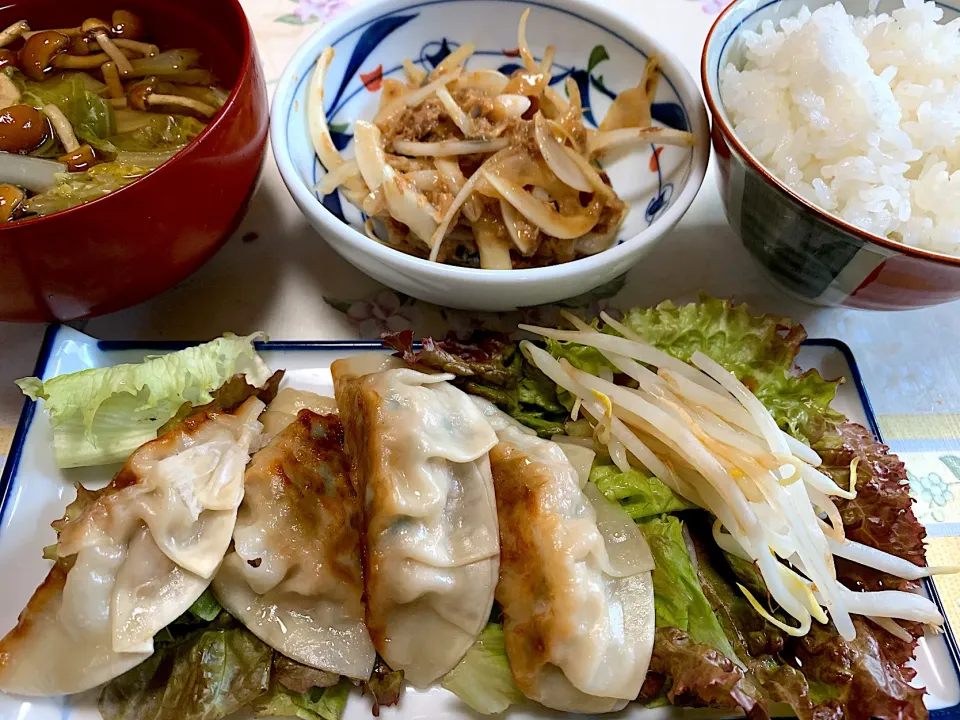 朝ごはん、餃子、鯖味噌煮缶、|Isimura Hidekiさん