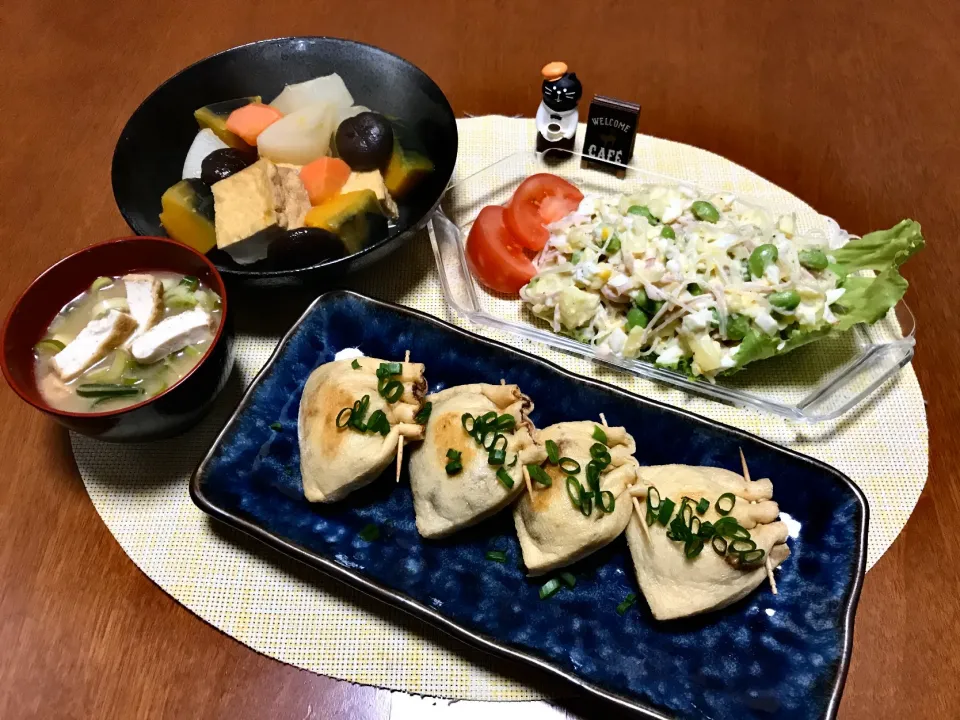 「油揚げの納豆入り揚げ」と「煮物」と「大根サラダ」|バシュランさん