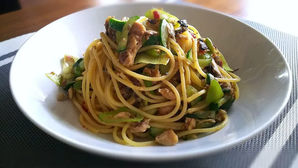 サバ缶とキュウリとネギの
ごま昆布茶ﾊﾟｽﾀ～🍝
の昼ごはん✨|kaz(*･ω･)さん