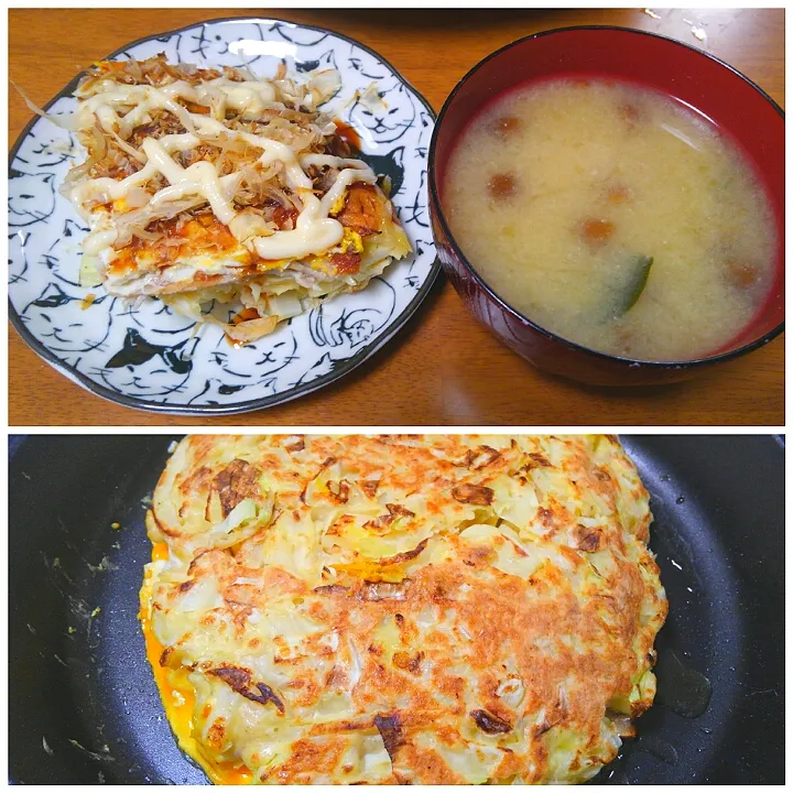 ４月１２日　お好み焼き　なめことわかめのお味噌汁|いもこ。さん