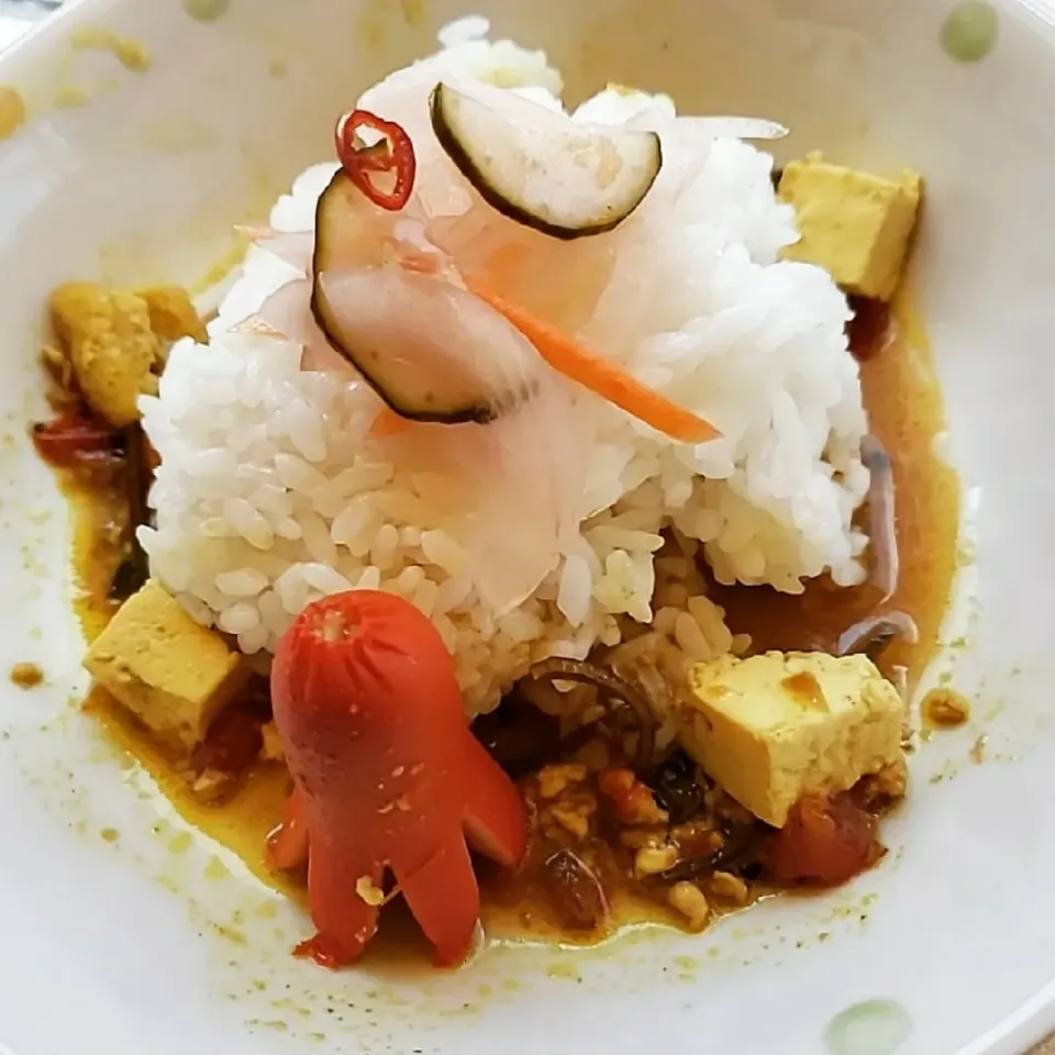 うすあげと豆腐のブラックペッパー鶏キーマカレーinタコさんウインナー🐙|ふじわらたくやさん