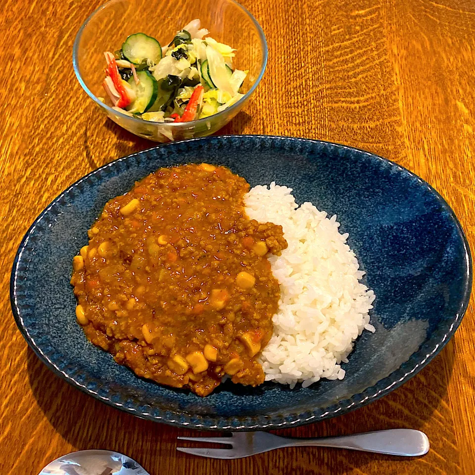 Snapdishの料理写真:ドライカレー、カニカマとキャベツとわかめのサラダ|rinaさん