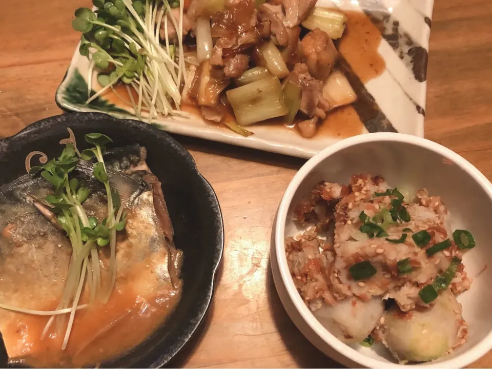 鯖の味噌煮・鶏肉と長ネギの照り焼き・里芋の梅あえ|mayuyuさん