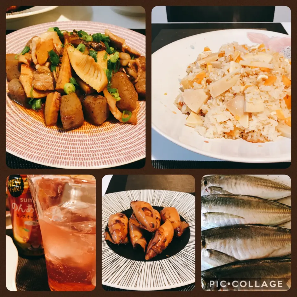 #今宵の晩ご飯#アジ4尾#イカ6杯#アジフライ#アジの梅肉大葉巻き#竹の子ご飯#イカ飯#竹の子、こんにゃく、舞茸、豚バラのコチュジャンとオイスター炒め#のんあるカシスオレンジ|みすてりあすゆっこさん