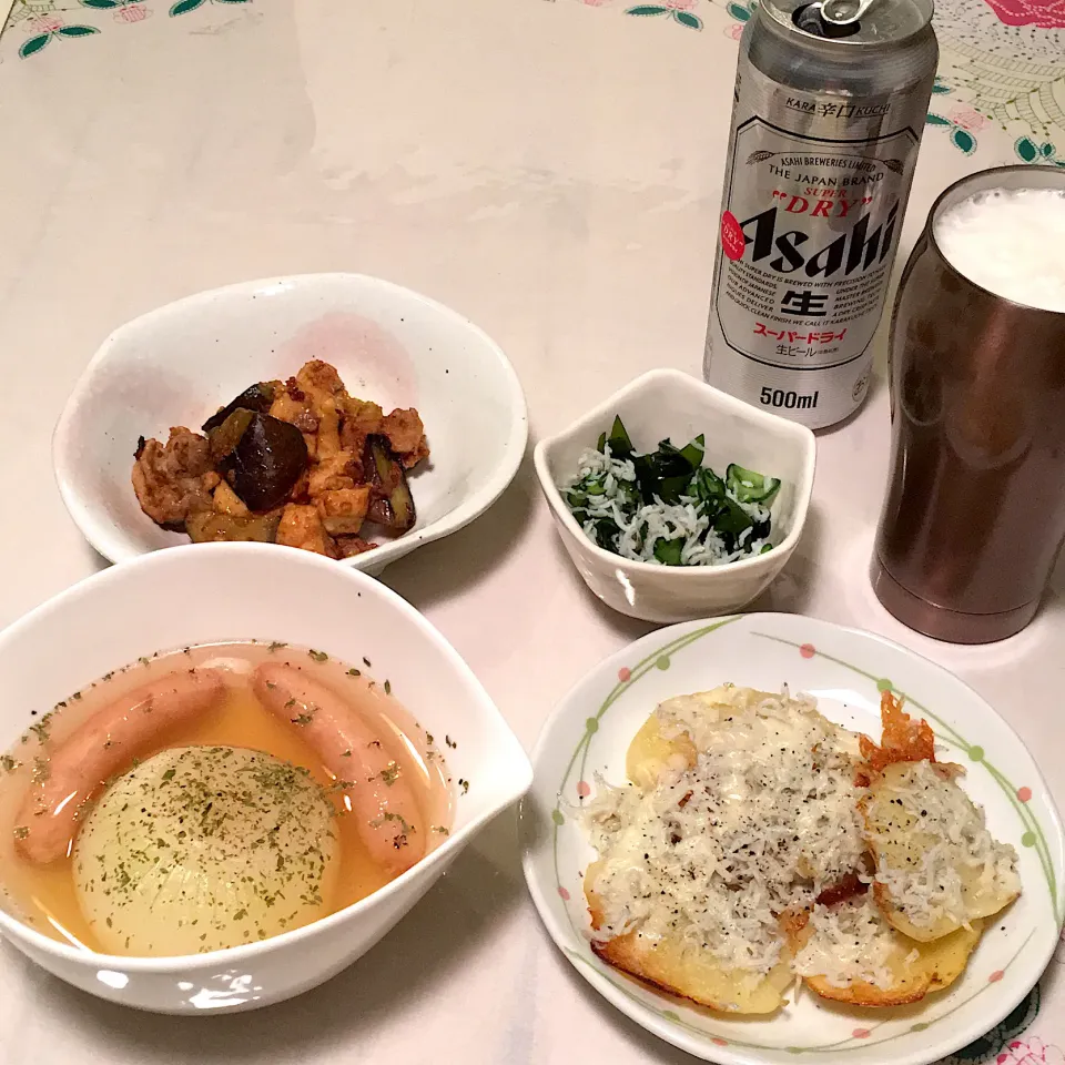 まるごと新玉ねぎのスープ／新じゃがいもとしらすのチーズ焼き／厚揚げとナスの炒め物／きゅうりとわかめの酢の物|ななこさん