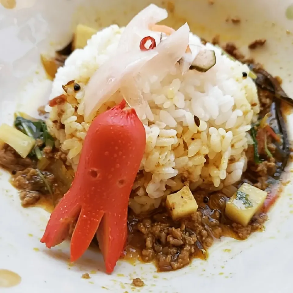 みず菜とレンコンの牛キーマカレーinタコさんウインナー🐙|ふじわらたくやさん