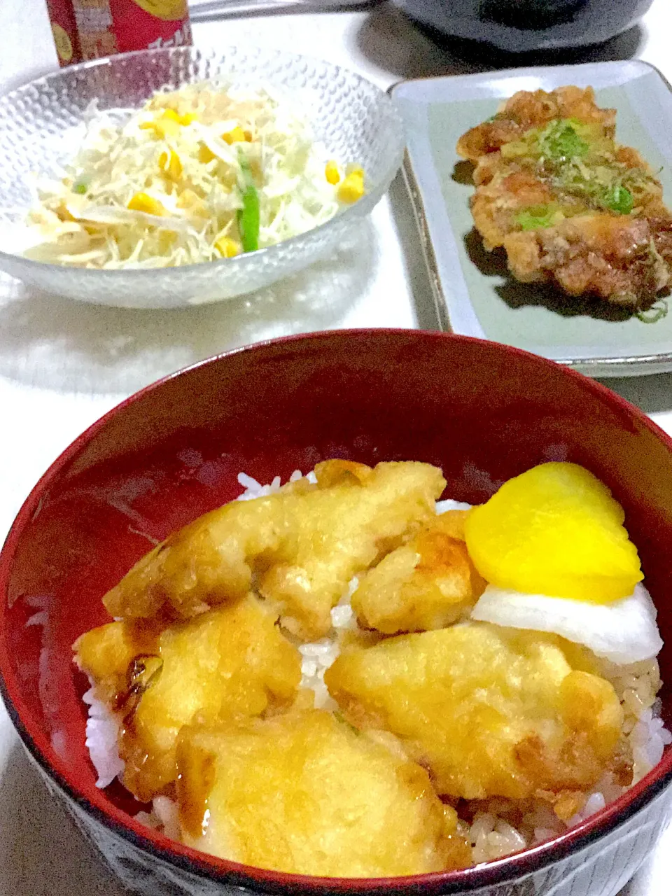 とり天丼、コールスロー、ほうれん草お味噌、鳥の照り焼き|Ayaさん