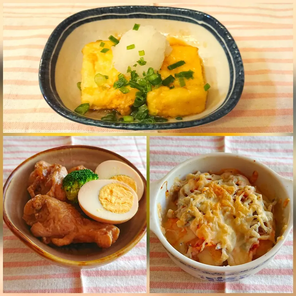 Snapdishの料理写真:☆鶏のさっぱり煮
☆揚げ出し豆腐
☆うすあげのじゃこキムチチーズ焼き|chikakoさん