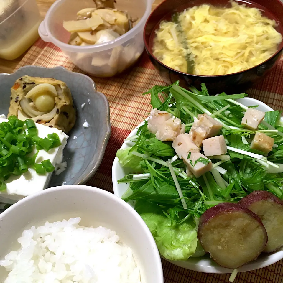 2020/04/30 森嘉の豆腐冷奴&ひろうす、広沢のたけのこ煮、チキンサラダ|kykyさん