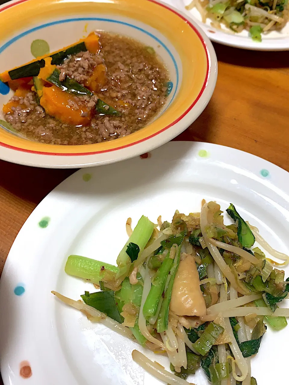 16歳シェフ見習いと　鶏肉&小松菜炒め　そぼろあんかけ南瓜　5/2 夕食|Mzkさん