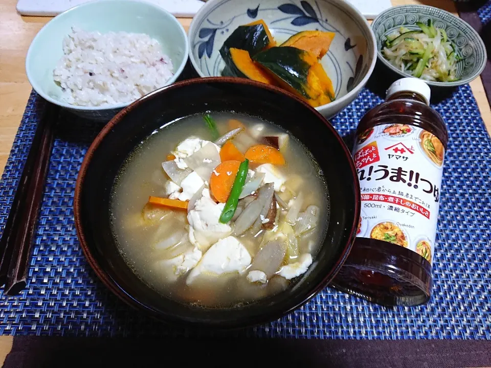 これ！うま！つゆでけんちん汁&かぼちゃの煮物&モヤシときゅうりのラー油合え|梟姉さんさん