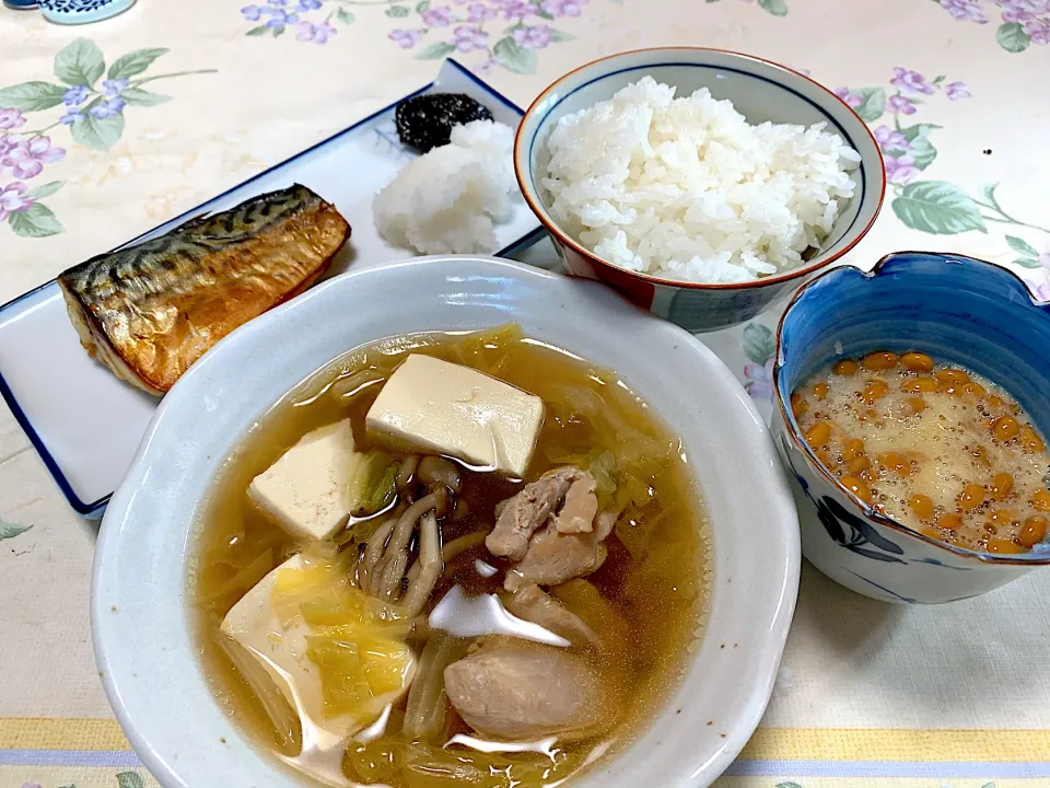 朝ごはん、水炊き、鯖、おろし納豆|Isimura Hidekiさん