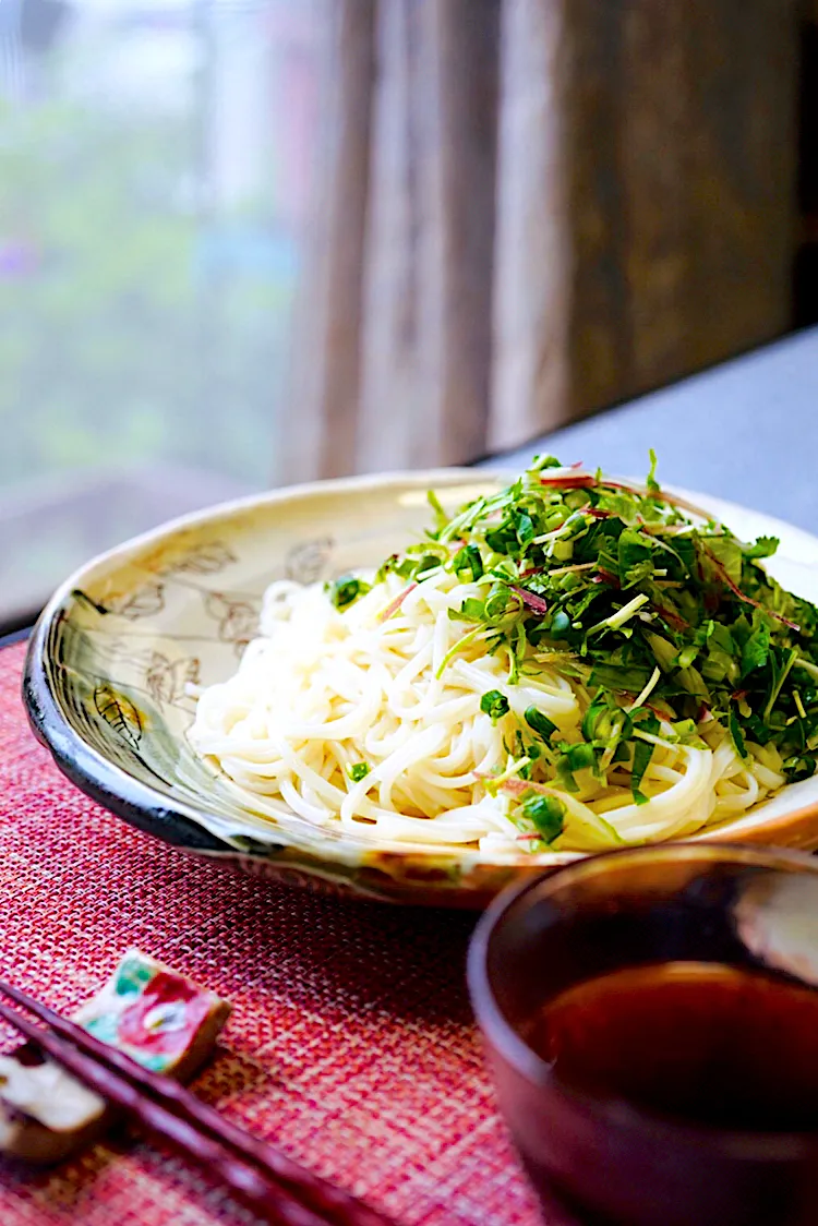 Snapdishの料理写真:小豆島特産 島の光 ひやむぎ❗️薬味たっぷりで頂きます。(*☻-☻*)✨💛|イチロッタさん