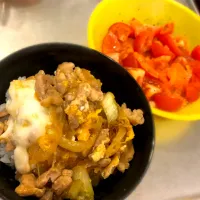 Snapdishの料理写真:親子丼、トマトとサーモンのバジル和え|ひなたさん