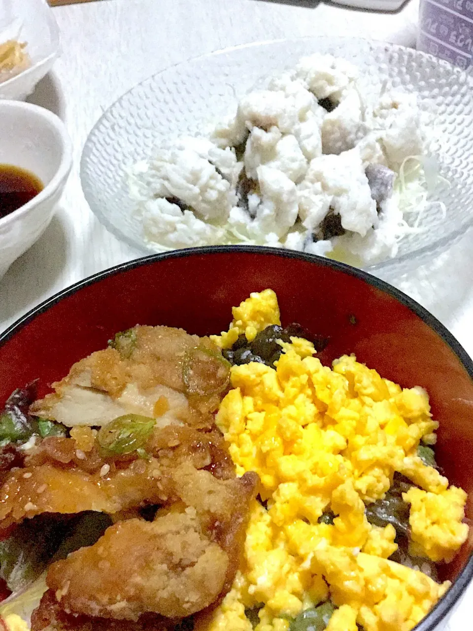 Snapdishの料理写真:とりの照り焼き丼、ハモ、ほうれん草のお味噌汁|Ayaさん