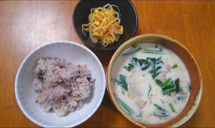 ４月２５日　ほうれん草と豚肉のごま豆乳スープ　もやしの酢の物|いもこ。さん