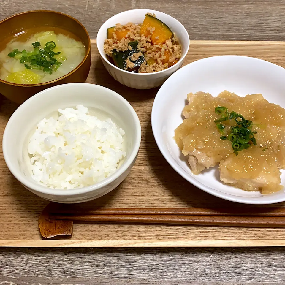 ご飯 鶏肉のおろしあんがけ 味噌汁 かぼちゃのそぼろ煮|m iさん