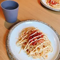 Snapdishの料理写真:明太キムチマヨネーズパスタ|まるのひとの母ちゃん。さん