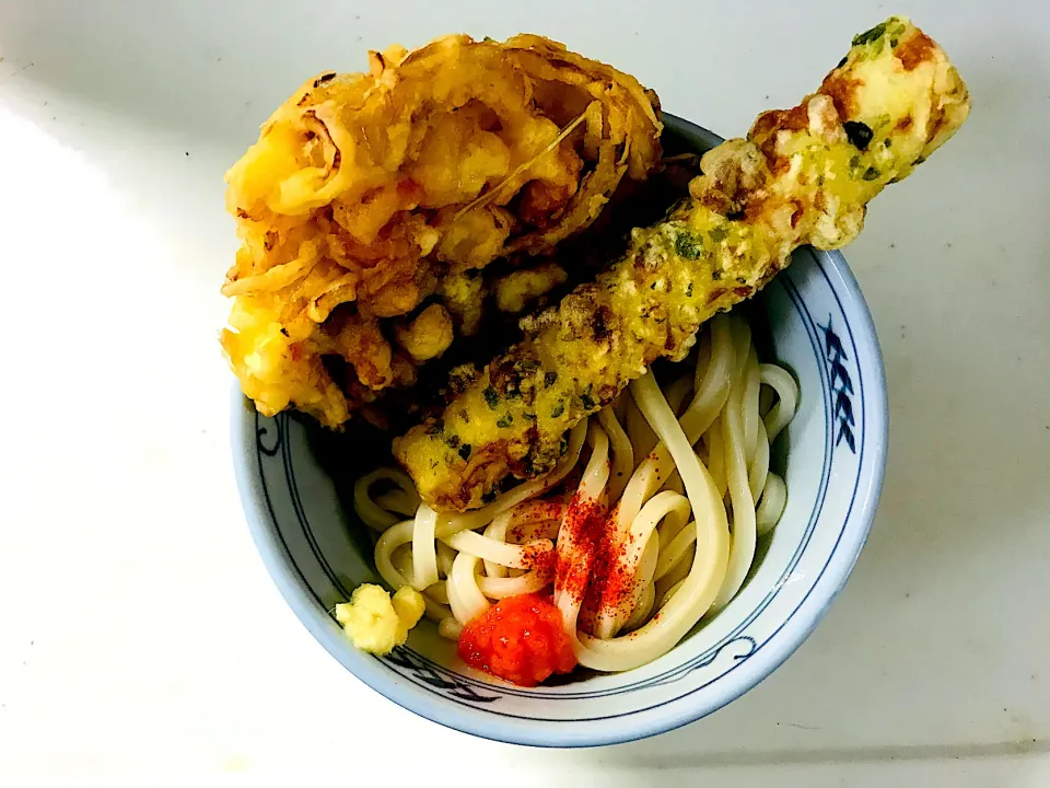 ぶっかけ饂飩+小海老のかき揚げ& 磯辺揚げ|平大さん