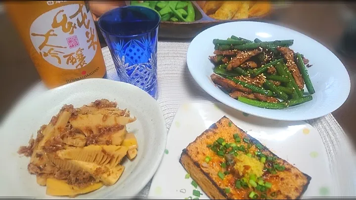 豚🐽とにんにくの芽炒め
  筍土佐煮
  焼き厚揚げ✴️|びせんさん