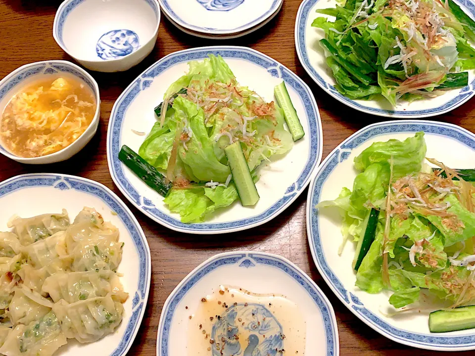 Snapdishの料理写真:餃子🥟おかかサラダ🥗鱶鰭と玉子のスープ🥚今日の夕食20200504|rococoさん