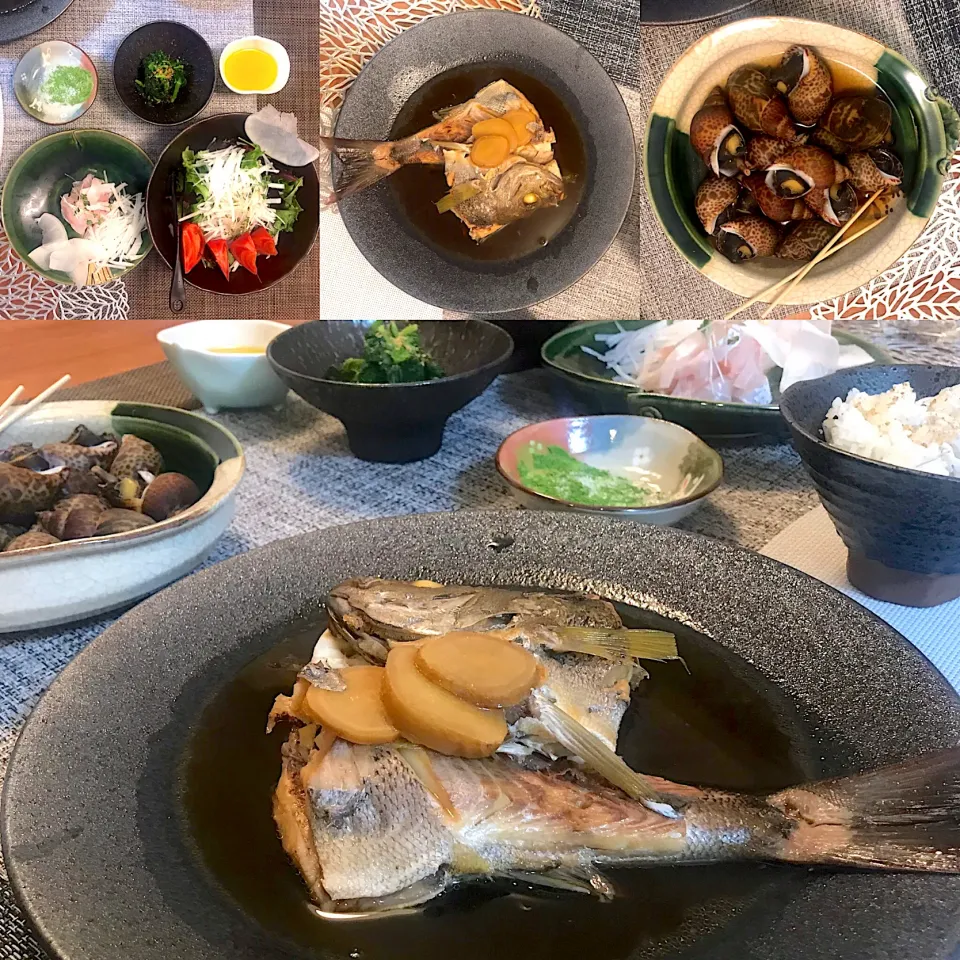 Snapdishの料理写真:いさきの煮付け、バイ貝、タイの抹茶塩、西海トマトのサラダ、しらすご飯の宴|なお🅿️さん