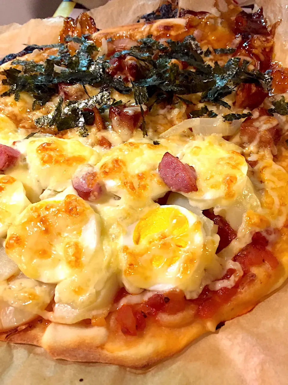 照り焼きチキン&ポテト卵ピザ🍕|ひばりさん