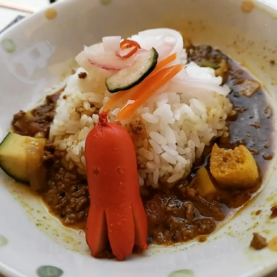 ズッキーニとレンコンとうすあげの牛豚キーマカレーinタコさんウインナー🐙|ふじわらたくやさん