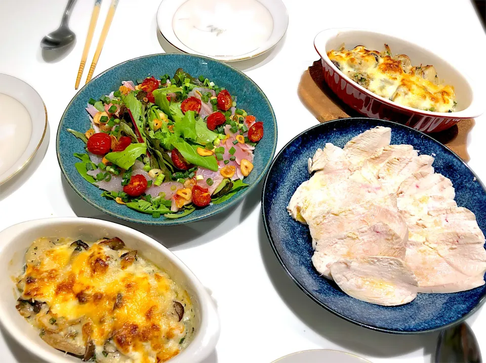 グラタン　金目鯛とメバルのカルパッチョ　鶏胸肉のボイル|片岡優太さん