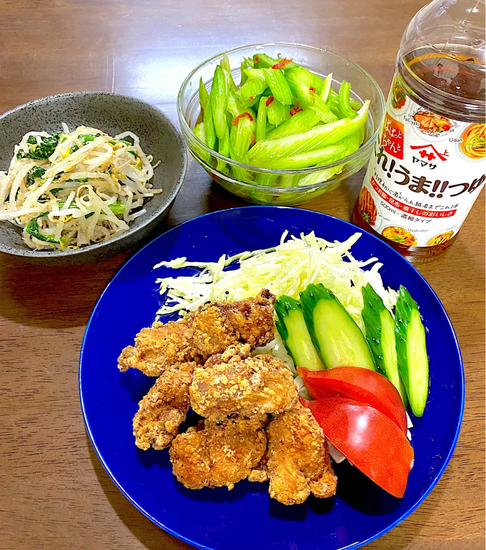 とり唐揚げ&もやしと小松菜のナムル&セロリの浅漬け|み〜さん