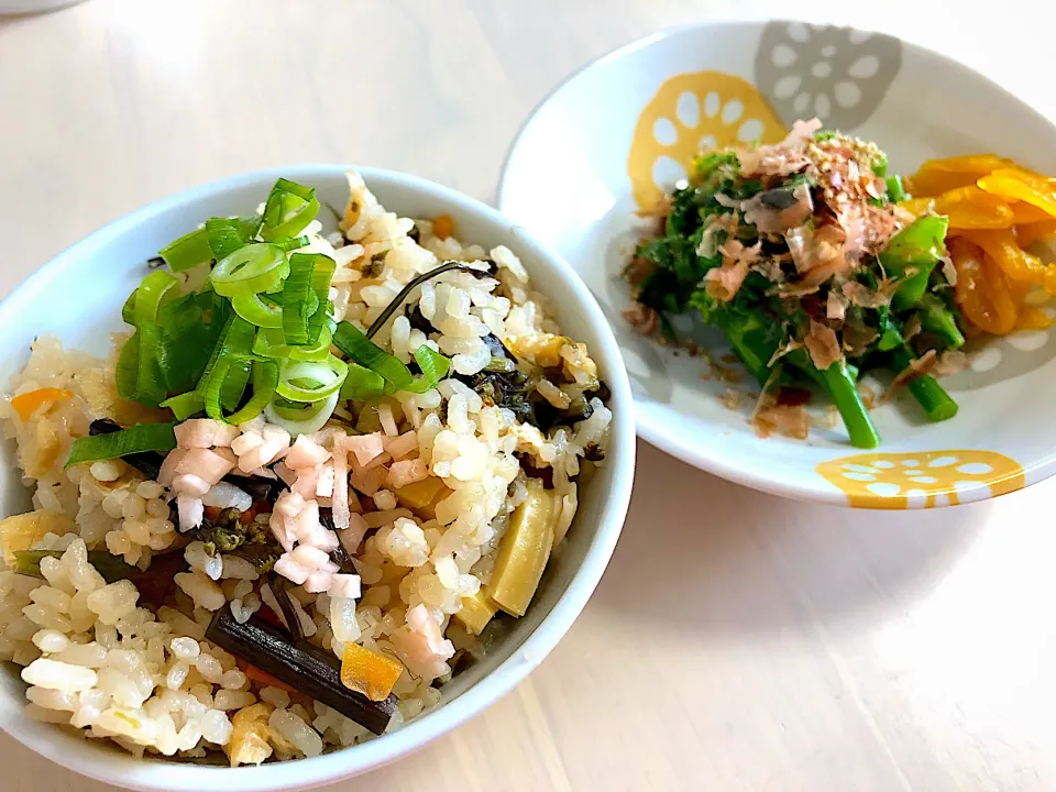 わらび、竹の子の炊き込みご飯、菜の花のおひたし|pepiさん