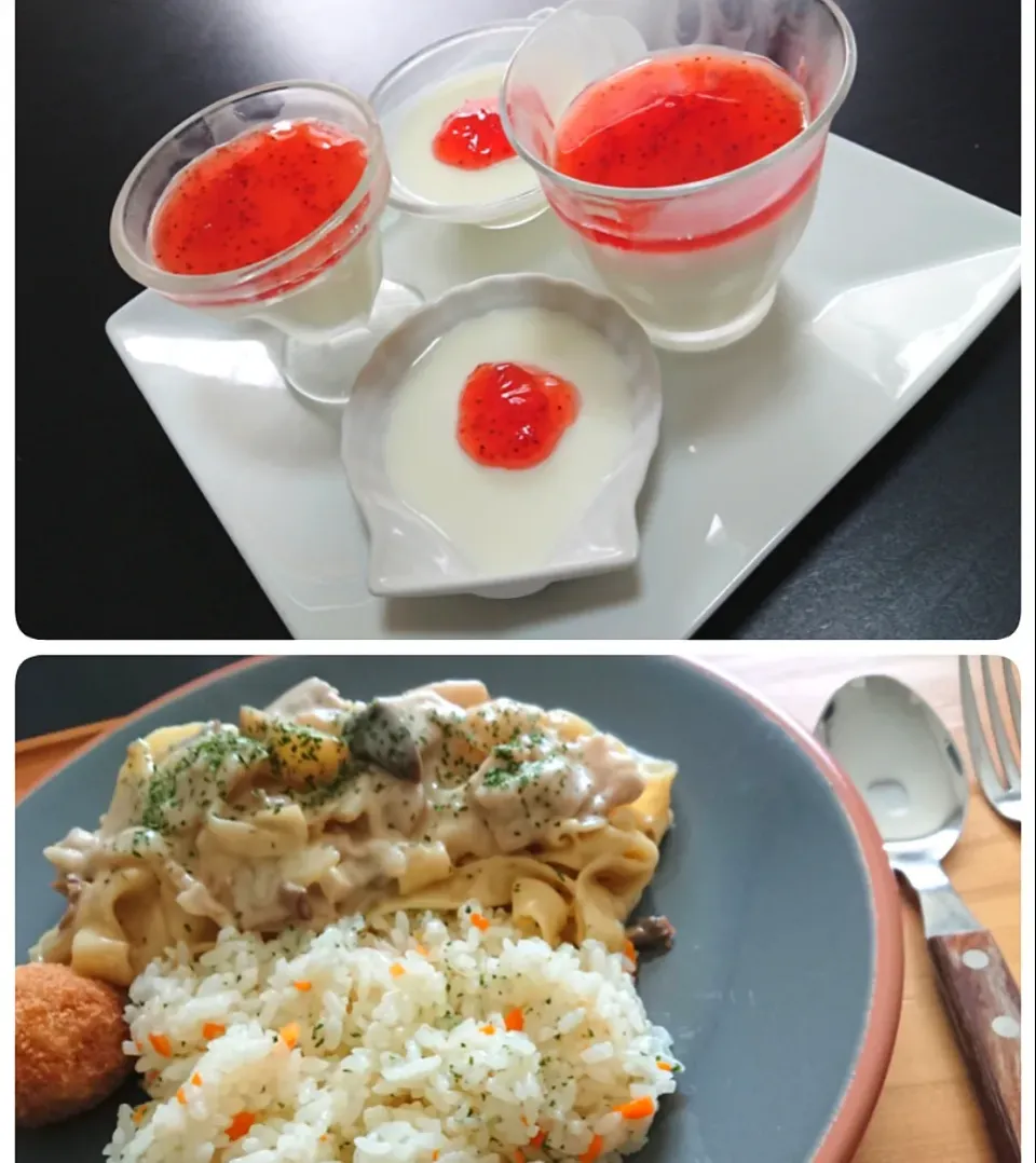 ポルチーニ茸、新じゃが、豚肉のクリームパスタ☆簡単バターピラフ
デザートにパンナコッタ☆|sanaさん