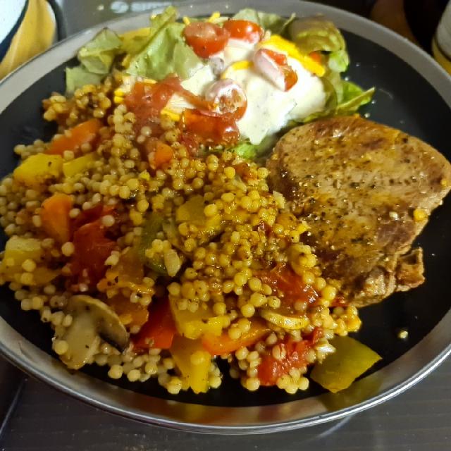 Scotch filet seasonal vegetable couscous fresh grown salad/Linda Kohlen