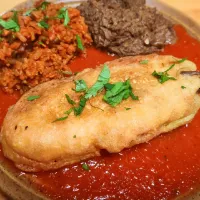 Megan Brinegar's dish Megan Brinegar's dish Chile Rellenos with Mexican Rice and Refried Black Beans|Megan Brinegarさん