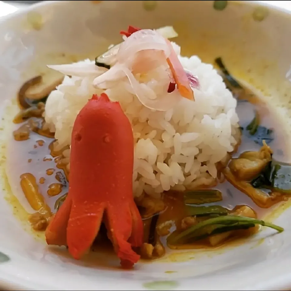 味噌薫るポークキーマカレーinタコさんウインナー🐙(小松菜、シメジ、みず菜入り)|ふじわらたくやさん