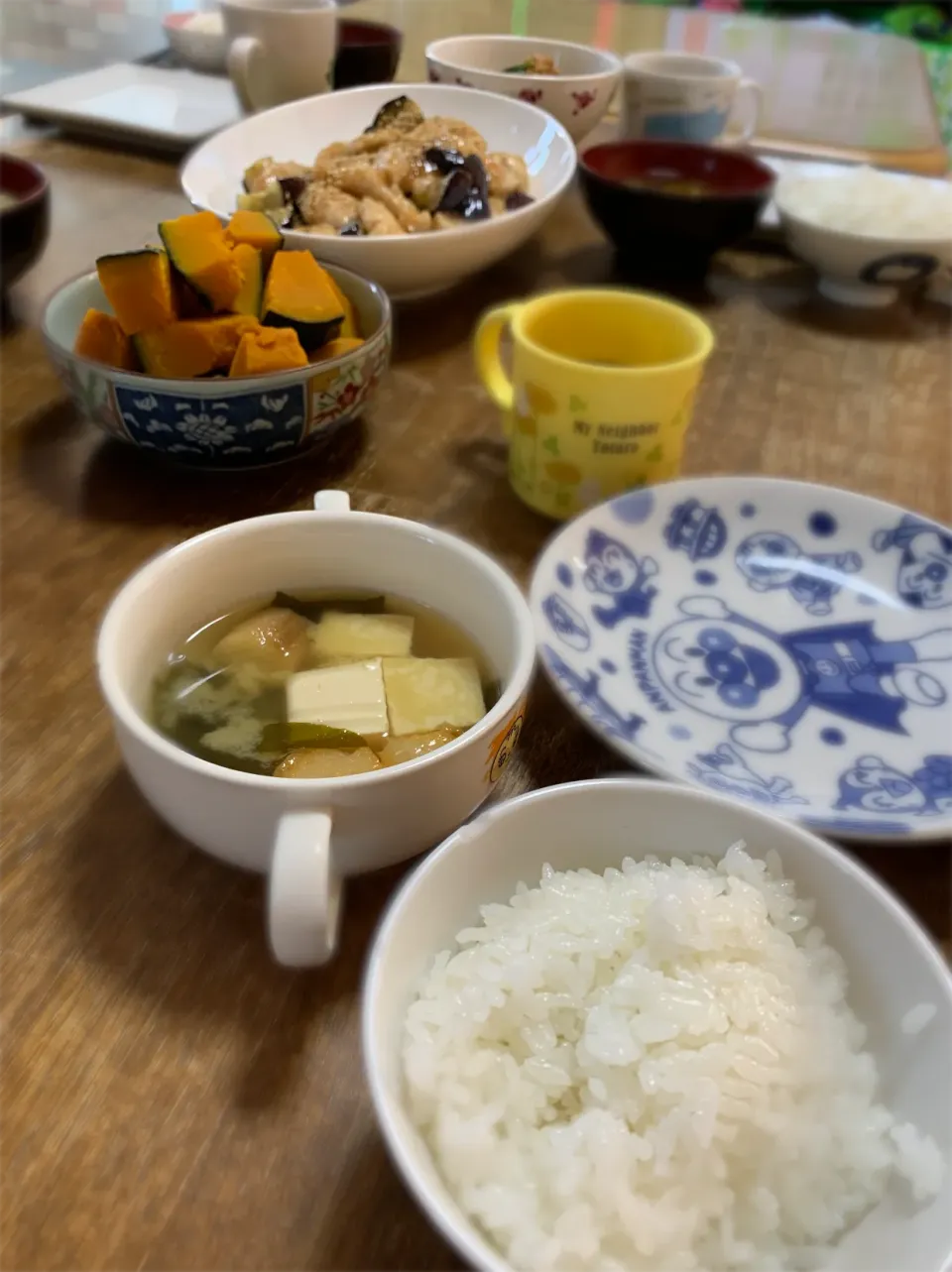 茄子と鶏胸肉のすっぱ煮・南瓜の煮物・ズッキーニとツナの炒め物・味噌汁・ご飯|ちびろ菌さん