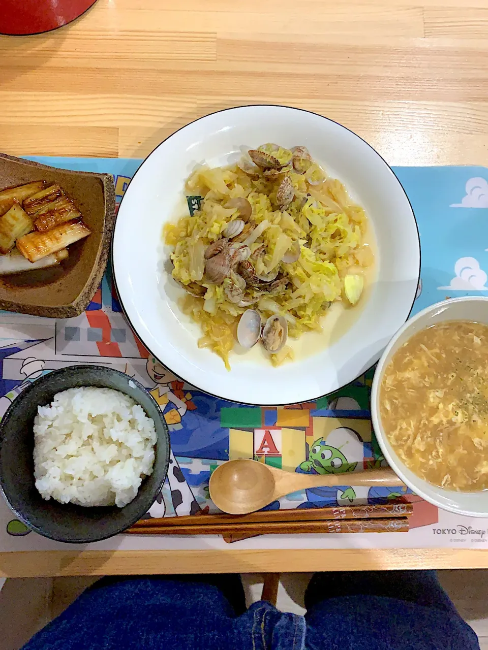 Snapdishの料理写真:・キャベツとあさりの酒蒸し　・ねぎのさっぱりトロトロ煮　・中華スープ|ぺろたんさん