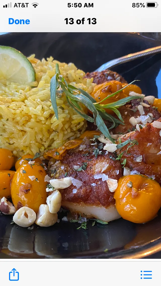 Seared Sea Scallops with Blistered Yellow Tomatoes and Hazelnuts and Saffron Rice|Christine pavelkaさん