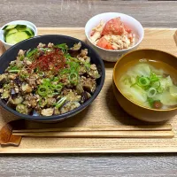 茄子と挽肉のごちそう丼 トマトとササミの胡麻和え きゅうりの浅漬け 味噌汁|萌伽さん