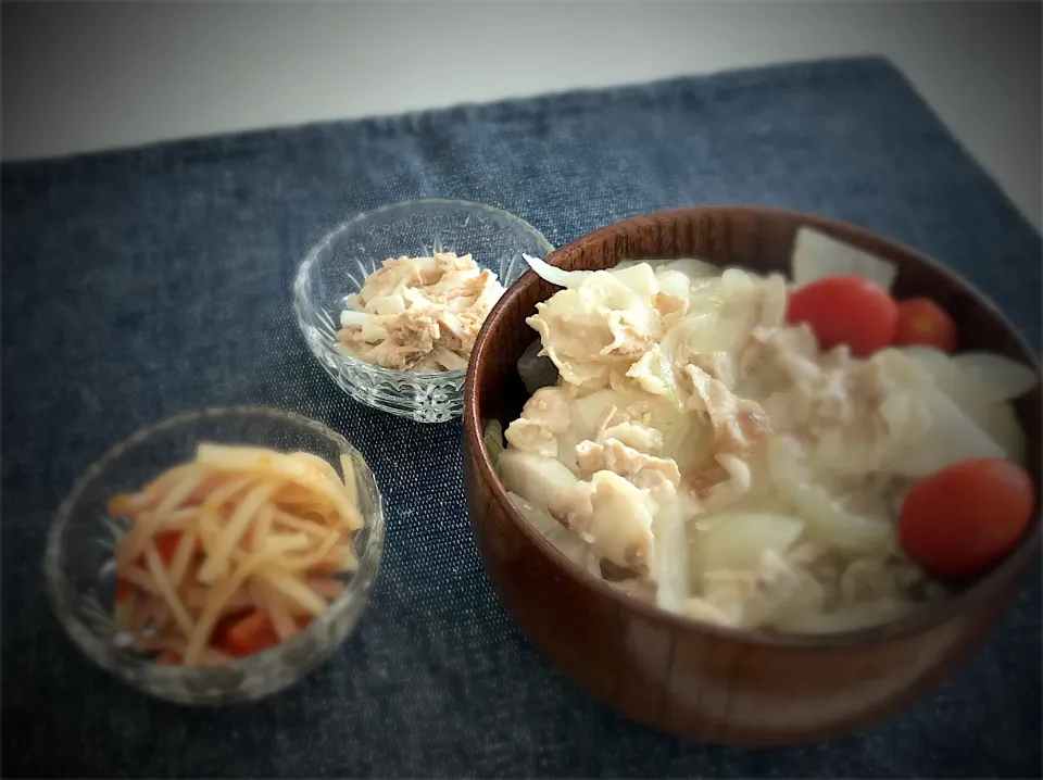 豚バラ大根のネギ塩丼、大根とハムのピリ辛サラダ、大根とツナのワサビマヨ和え|mayさん