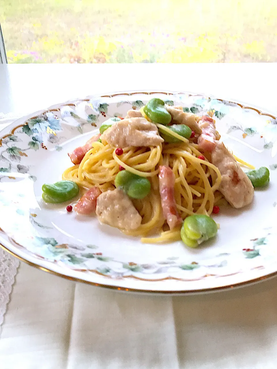 MOMO-chan☻さんの料理 そら豆と鶏肉のクリームパスタ🍝( 'ч'๑ )ŧ‹"ŧ‹"|サミカさん