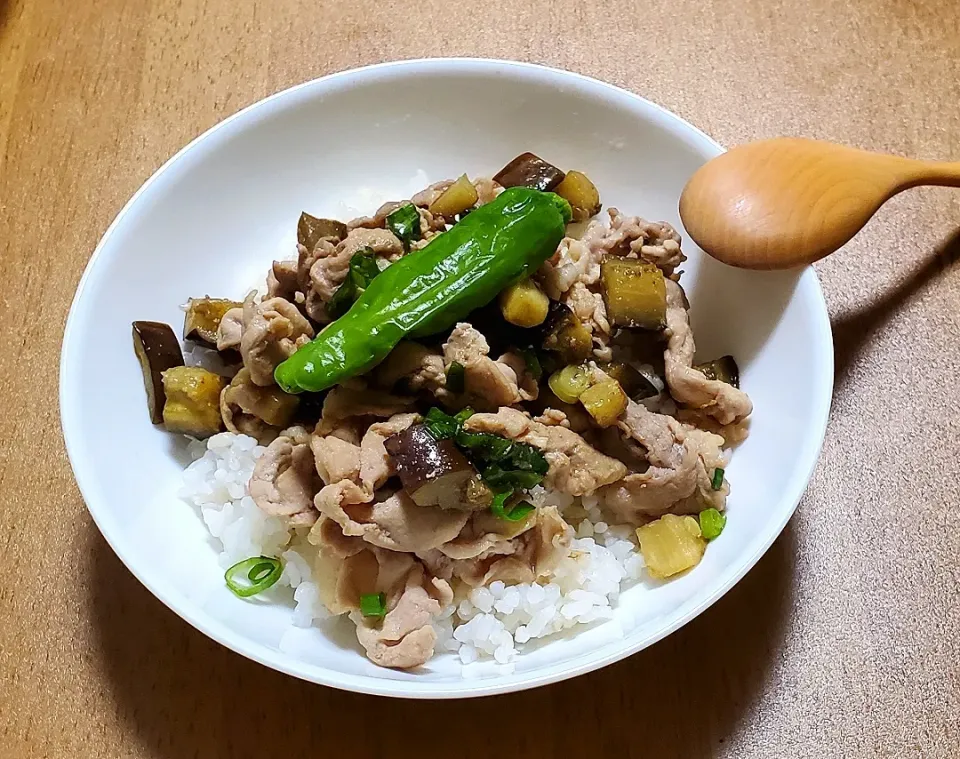 Snapdishの料理写真:豚細切れ肉となすとししとうの丼|ナナさん