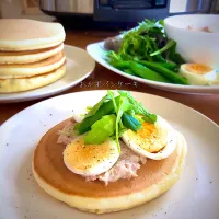 Snapdishの料理写真:手作りホットケーキミックスでおかずパンケーキ✨