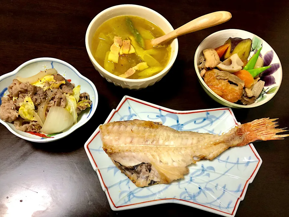 赤魚粕漬け、冬瓜カレースープ、筑前煮、牛肉炒め|みみりんさん