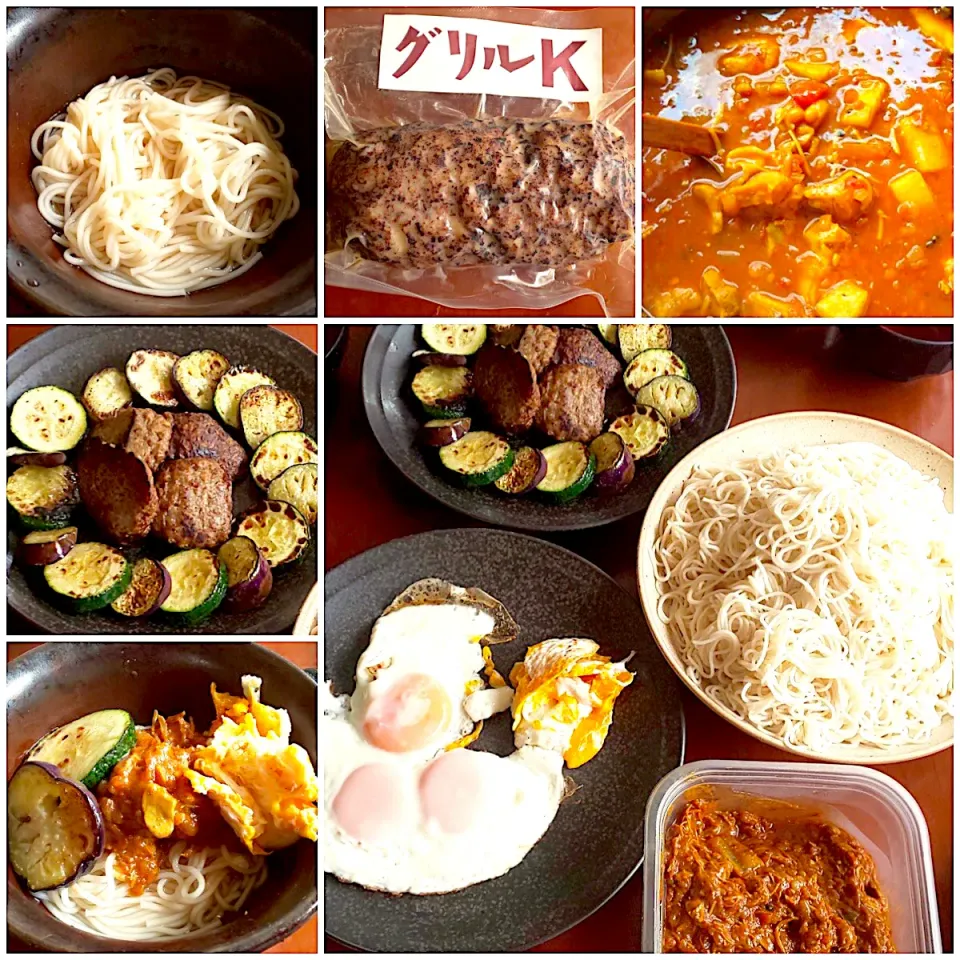 Saturday  brunch🍴 ｽﾊﾟｲｼｰﾁｷﾝｶﾚｰ･ｸﾞﾘﾙKのﾊﾝﾊﾞｰｸﾞw/ｽﾞｯｷｰﾆｿﾃｰ･素麺･目玉焼き|🌈Ami🍻さん